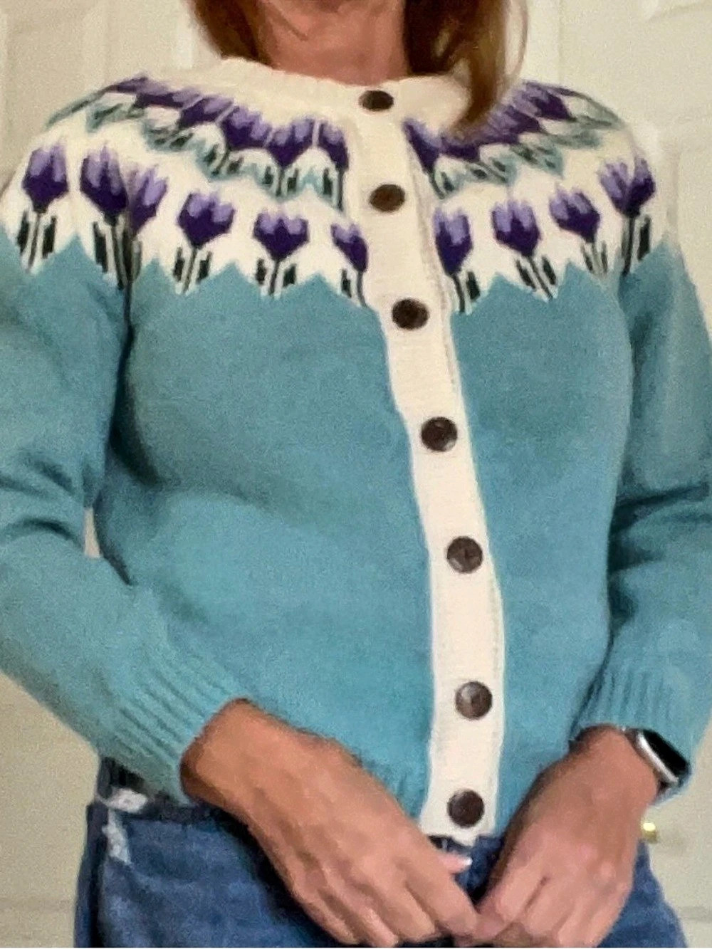 Fair Isle Geometric Knit Cardigan Blue & White Medium
